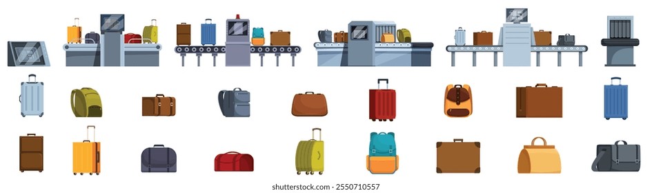 Luggage screening icons set. Baggage passing through airport security check and collection of various luggage icons including suitcases, backpacks, and travel bags