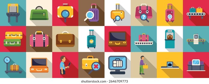 Luggage screening icons set. Colorful icons depicting various aspects of airport luggage handling, including security checks, baggage claim, and weight measurement