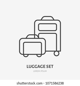 Luggage set flat line icon. Wheeled suitcase and carry-on sign. Thin linear logo for airport baggage rules.