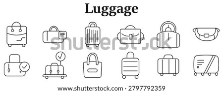 Luggage set icon. Suitcase, bag, travel case, baggage, trolley, tag, airport, journey, tourism, trip, packing, transport, vacation, mobility, travel gear, suitcase wheels, carrier