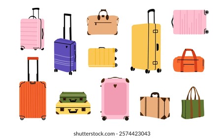 Luggage set. Travel suitcase, journey baggage, handbag of passenger, bags and case, bright colorful traveling accessory. Doodle minimal trendy collection. Vector cartoon flat isolated illustration