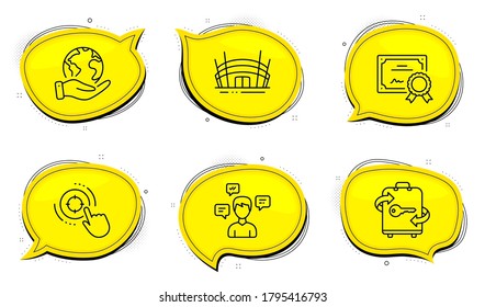 Luggage sign. Diploma certificate, save planet chat bubbles. Arena stadium, Conversation messages and Seo target line icons set. Competition building, Communication, Click aim. Baggage locker. Vector