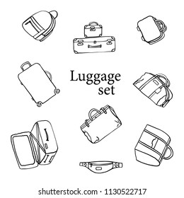 Luggage Sketch Illustration Set. Backpack, Handbag, Suitcase, Briefcase, Messenger Bag, Trolley, Travel Bag. Vector Illustration Of Thin Line Icons For Travel. Abstract Isolated Illustration