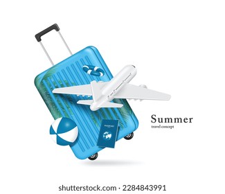 Luggage with sky and coconut tree motifs with soft sunlight floating in the air and in front of them was takeoff plane, an inflatable ball, lifebuoy, and passport ,vector 3d for travel summer concept