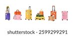 Luggage with stickers. Travel suitcase, journey baggage, handbag of passenger, bags and case, bright colorful traveling accessory. Doodle minimal trendy vector cartoon flat style isolated illustration