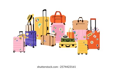 Luggage with stickers. Travel suitcase, journey baggage, handbag of passenger, bags and case, bright colorful traveling accessory. Doodle minimal trendy vector cartoon flat isolated illustration