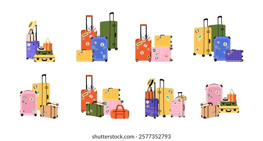 Luggage with stickers. Travel suitcase, journey baggage, handbag of passenger, bags and case, bright colorful traveling accessory. Doodle minimal trendy vector cartoon flat style isolated illustration