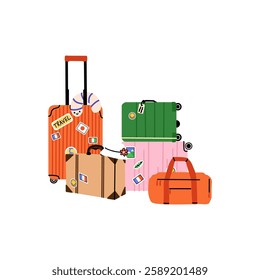 Luggage with stickers. Travel suitcase, journey baggage, handbag of passenger, bags and case, bright colorful traveling accessory. Doodle minimal trendy vector cartoon flat style isolated illustration