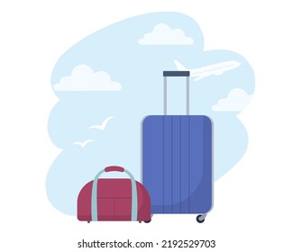 Luggage, suitcase and bag on background of sky and  plane. Concept of travel