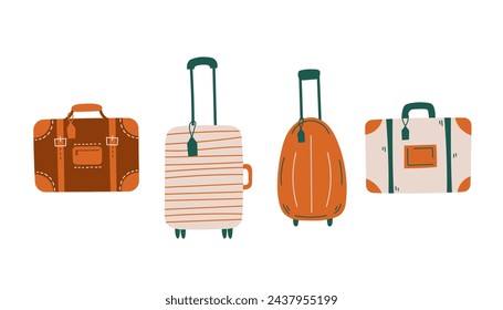 Conjunto de vectores dibujado a mano de equipaje y maleta. Moderna colección mínima de bolsas y equipaje para viajar. Elementos Doodle con ruedas de manija y etiqueta. Aislado sobre fondo blanco