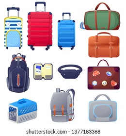 Luggage suitcase and handbags icons. Travel baggage design elements set. Vector cartoon isolated illustration.