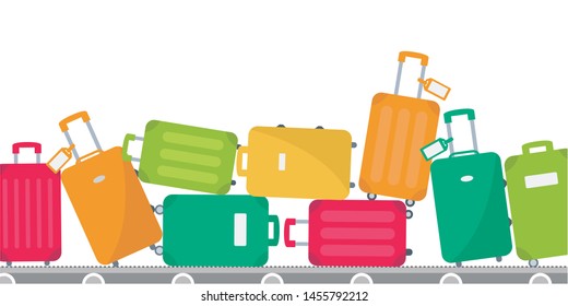 luggage, suitcase set on conveyor belt arrival cover page cartoon print. time to fly. vacation, journey & holiday set vector art. Baggage claim at terminal airport travel bags background flat design