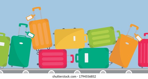 luggage, suitcase set on conveyor belt arrival cover page cartoon print. time to fly. vacation, journey & holiday set vector art. Baggage claim at terminal airport travel bags background flat design