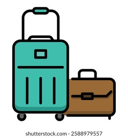 Luggage, suitcase, travel bag flat icon, representing packing essentials, travel gear, and rolling suitcases, vector symbol with editable stroke and colour