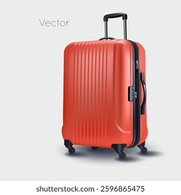 Luggage suitcase, travel bag vector. Luggage case for travel. Tourist bag for vacation. Airport carry-on briefcase on wheels. Plastic travel trolley with handle