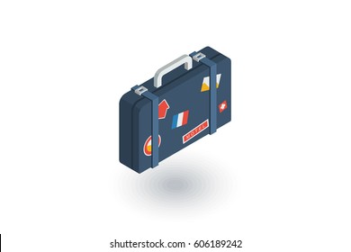 luggage, suitcase, travel bag whith stickers isometric flat icon. 3d vector colorful illustration. Pictogram isolated on white background