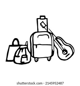 Luggage suitcase,bag,backpack,guitar in doodle style,isolated on a white background.Vector illustration.
