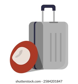 Luggage And Summer Hat In Flat Vector Illustration Symbolizing Vacation, Holiday Travel, And Packing Essentials, Isolated On White Background