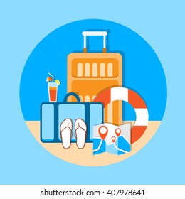 Luggage Summer Vacation Trip Tropical Island Seaside Beach Flat Vector Illustration