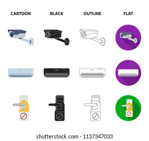 Luggage, surveillance camera, air conditioning, do not disturb the sign.Hotel set collection icons in cartoon,black,outline,flat style vector symbol stock illustration web.