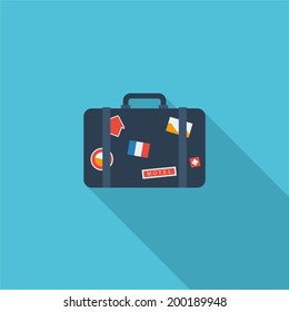 Luggage symbol. Vector illustration of flat color icon with long shadow.  