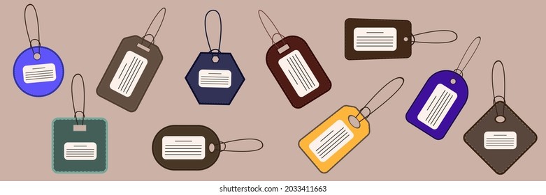 Luggage tag. Baggage label. A set of coupons, bag with information about the flight, passenger at the border, customs. Travel concept with luggage tag on suitcase. Ticket to the destination. Vector