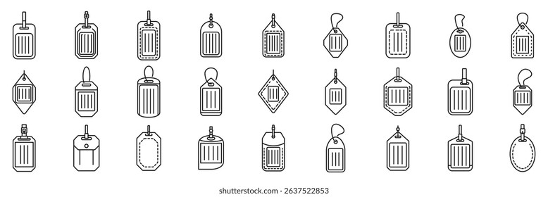  Luggage tag icons set. Different shapes and styles of hanging tags showcase diverse applications for identification, product labeling, and organization
