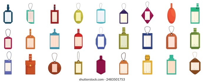 Luggage tag icons set. Diverse collection of luggage tags showcasing a variety of shapes, colors, and designs, perfect for travel and identification purposes