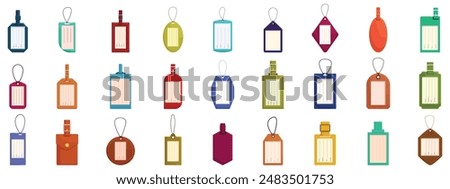 Luggage tag icons set. Diverse collection of luggage tags showcasing a variety of shapes, colors, and designs, perfect for travel and identification purposes