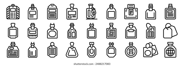 Luggage tag icons set. Set of simple line icons representing various blank tags used for clothing, luggage, bottles, and other items