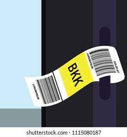 luggage tag label on suitcase with country code and barcode. vector illustration