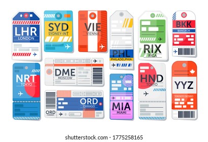 Luggage Tag Set. Isolated Airport Baggage Ticket Label Icon Collection. Travel Luggage Paper Tags With Text. Vector Vacation Destination Concept Illustration