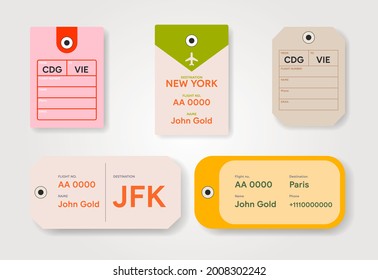 Luggage tag set. Passenger contact info for bag. Card for traveller luggage. Suitcase sticker. Template to find lost luggage: name, flight, destination. Vector illustration.