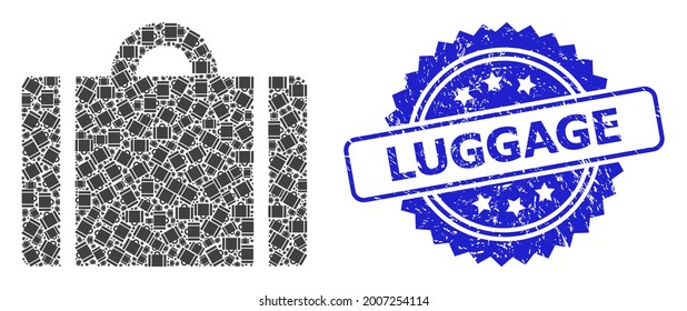 Luggage textured seal imitation and vector fractal mosaic luggage. Blue seal includes Luggage tag inside rosette. Vector mosaic is designed of randomized rotated luggage pictograms.