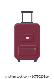 Luggage that symbolize travelling and getting new emotions, suitcase of cherry color with pockets isolated on white vector illustration