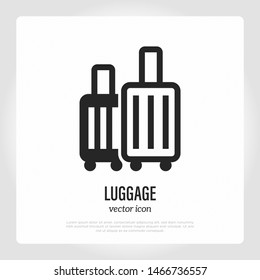 Luggage thin line icon: two plastic suitcases on wheels. Vector illustration.