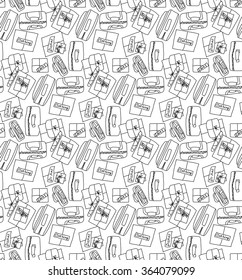 Luggage things boxes suitcase cargo black and white seamless pattern.  Monochrome vector illustration. EPS8