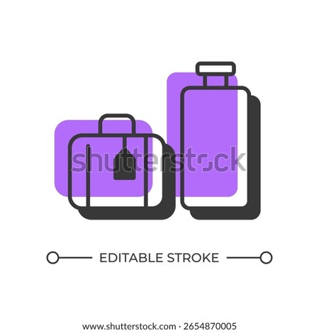Luggage tourism offset shadow line icon. Personal baggage. Vacation trip. Travel bags, transportation. Bold outline symbol with solid purple fill. Modern flat illustration. Editable stroke