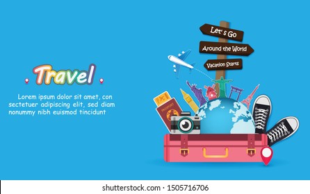  luggage travel accessories around the world concept. airplane summer banner plane aerial check in with Top world famous landmark blank on map space for text and content. vector, banner, Card, 