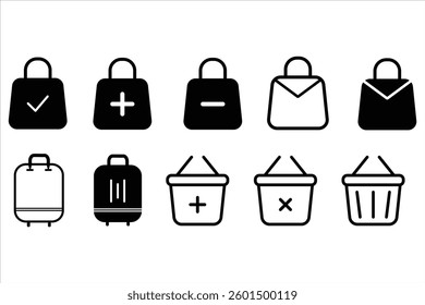 Luggage, travel bag, suitcase symbols set. Shopping bag icon, shopping bag Vector icon, Shopping bag outline icon collection illustration.