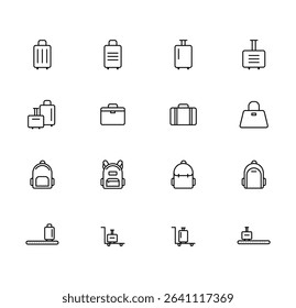Luggage and Travel Bags Line Icons Set Of Suitcases, Backpacks, Briefcases, and Baggage Handling Vector illustration.
