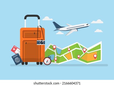 Luggage Travel With Location Around The World. Travel And Tourism Concept. Airplane Fly On Map With Pin. Passport, Ticket Tourism Journey Holiday. Road Trip Vacation. Vector Illustration Flat Style.