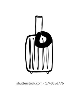 Luggage Traveler's Suitcase With Neck Pillow. Vector Sketch Style Illustration On White Background. For Cards, Posters, Decor, T Shirt Design, Logo.