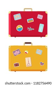 Luggage traveling bags decorated with stickers set vector. Suitcase for personal belongings of passengers and voyagers. Journey case with flags signs