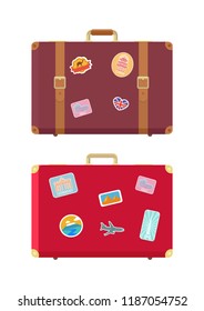 Luggage traveling bags and stickers isolated icons set vector. Berlin construction, aircraft and Egypt camel. Pyramids and places to see for tourists