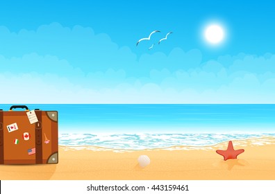 Luggage with traveling stickers at the beach. Summer theme. Beach and tropical sea. Vector.