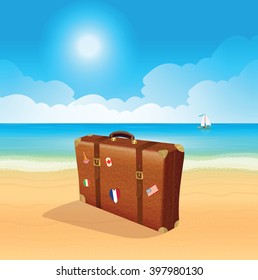 Luggage with traveling stickers at the beach.Vector.