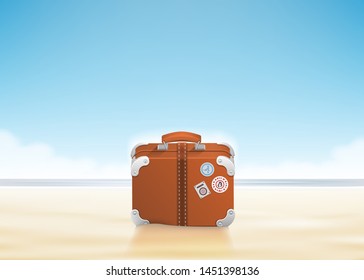 Luggage with traveling stickers at sunny beach. Vector illustration