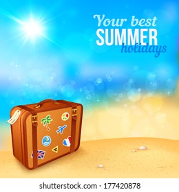 Luggage with traveling stickers at sunny beach, vector illustration