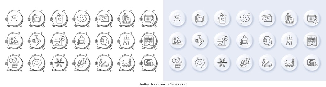 Luggage trolley, Backpack and Grilled steak line icons. White pin 3d buttons, chat bubbles icons. Pack of Scuba diving, Discount tags, Ice cream milkshake icon. Vector